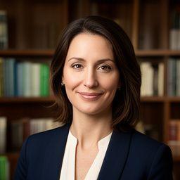 Avocate spécialisée en propriété intellectuelle dans une bibliothèque de droit au décor contemporain